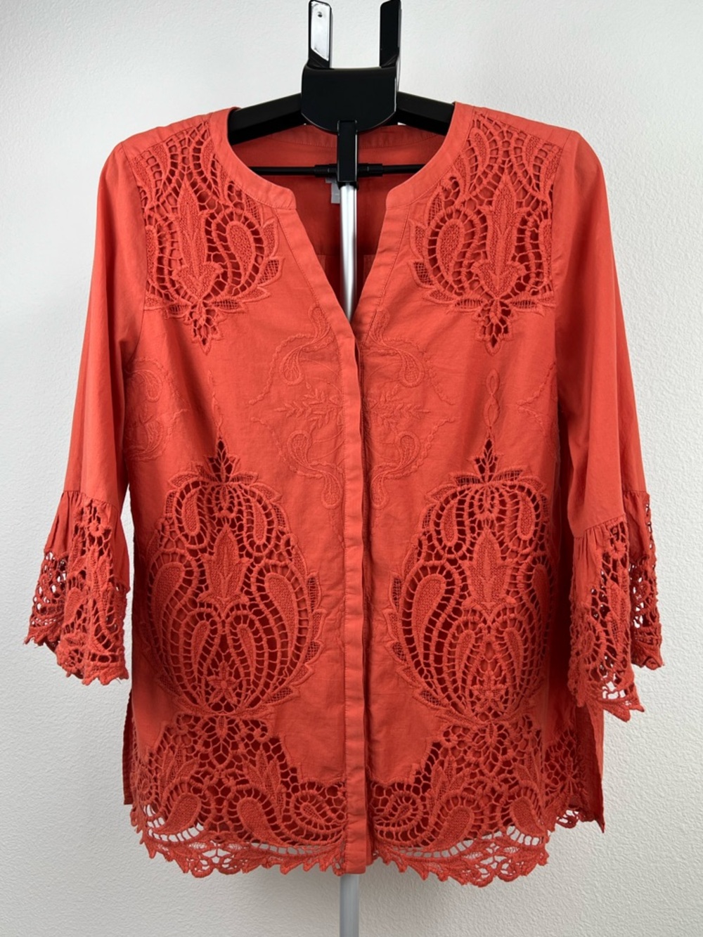 Chico’s Lace Embroidered Blouse Size 12/14 Coral Boho Cotton Button Top Coastal